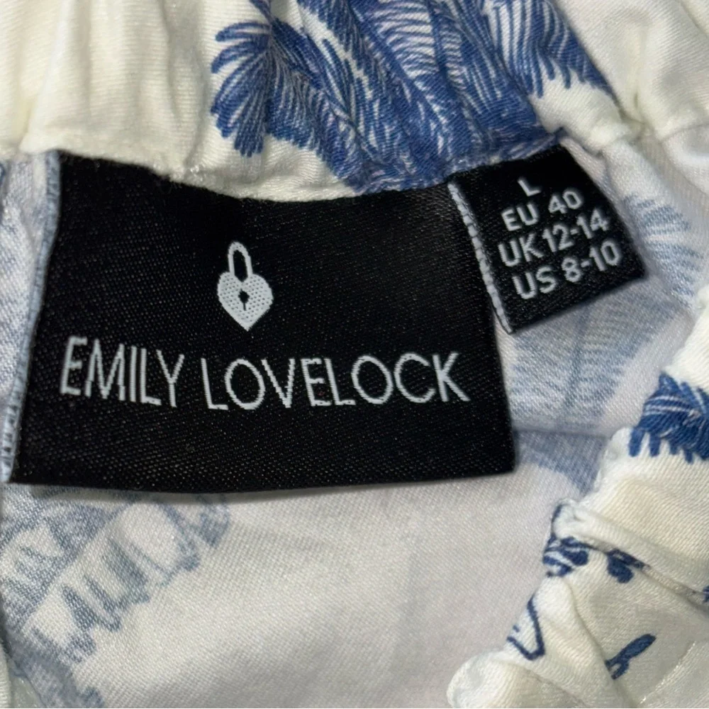 Emily Lovelock Blue Palm Tree Floral Print Puff Sleeve Top - L - Picture 9 of 11